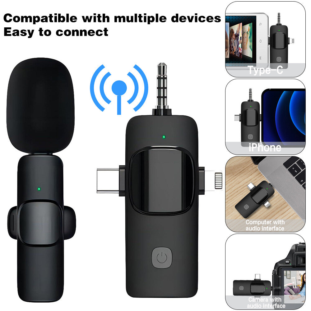 3-in-1 Wireless Lavalier Microphone for Audio and Video Recording on iPhone and Android Devices