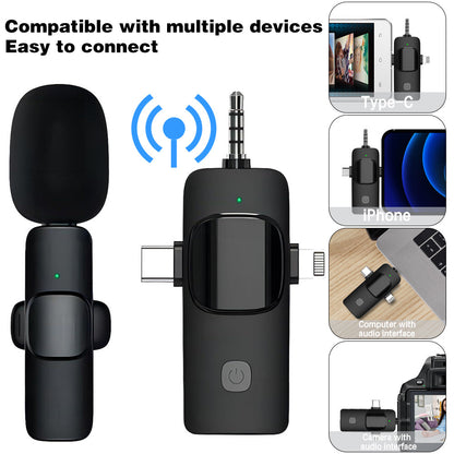 3-in-1 Wireless Lavalier Microphone for Audio and Video Recording on iPhone and Android Devices