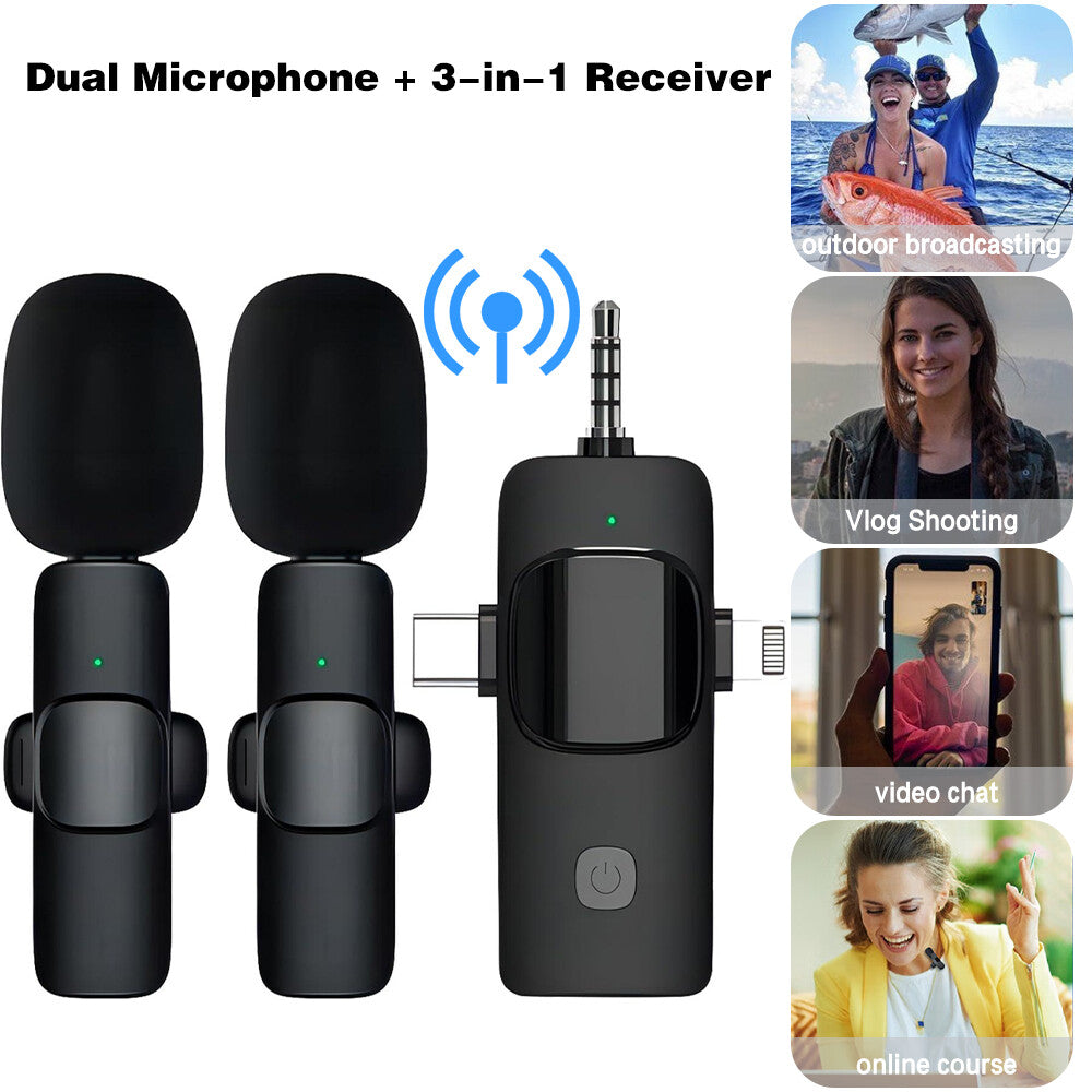 3-in-1 Wireless Lavalier Microphone for Audio and Video Recording on iPhone and Android Devices