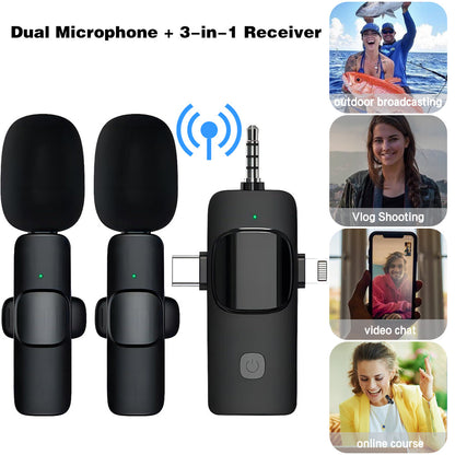 3-in-1 Wireless Lavalier Microphone for Audio and Video Recording on iPhone and Android Devices