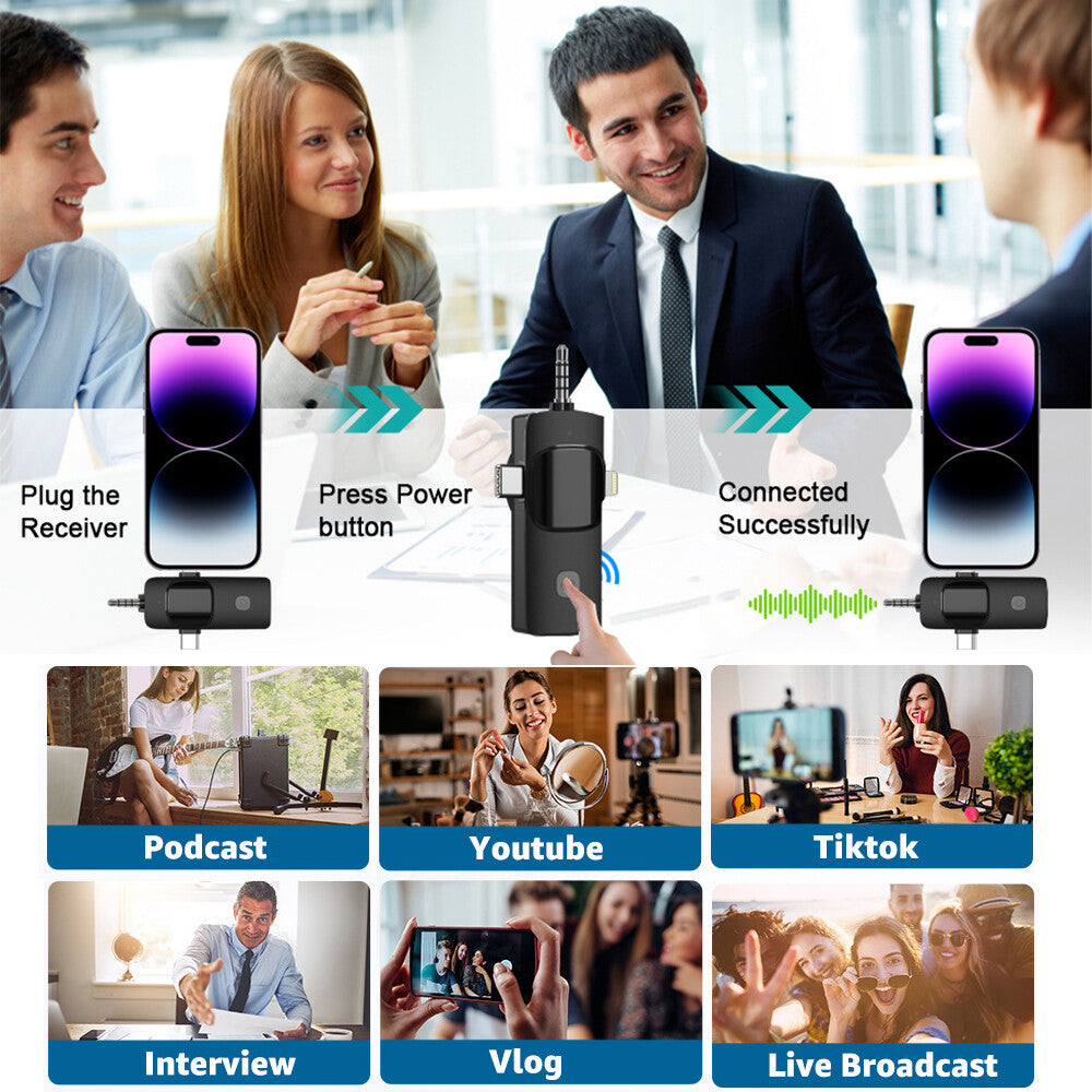 3-in-1 Wireless Lavalier Microphone for Audio and Video Recording on iPhone and Android Devices