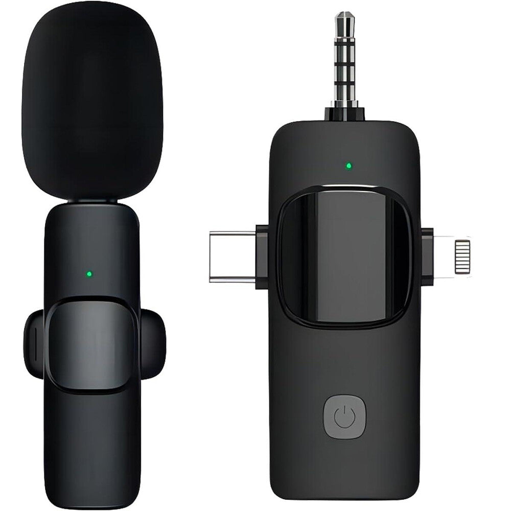 3-in-1 Wireless Lavalier Microphone for Audio and Video Recording on iPhone and Android Devices
