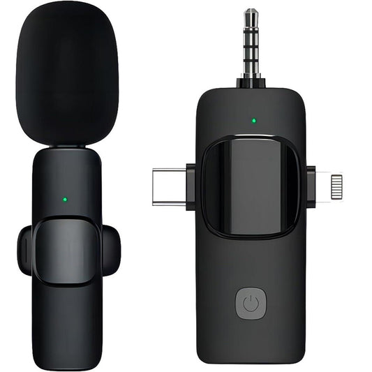 3-in-1 Wireless Lavalier Microphone for Audio and Video Recording on iPhone and Android Devices