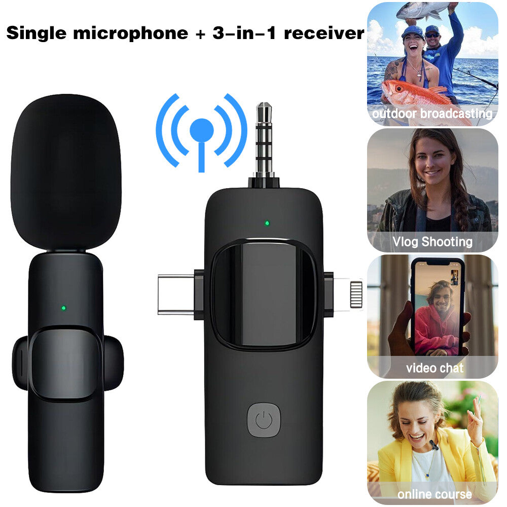 3-in-1 Wireless Lavalier Microphone for Audio and Video Recording on iPhone and Android Devices