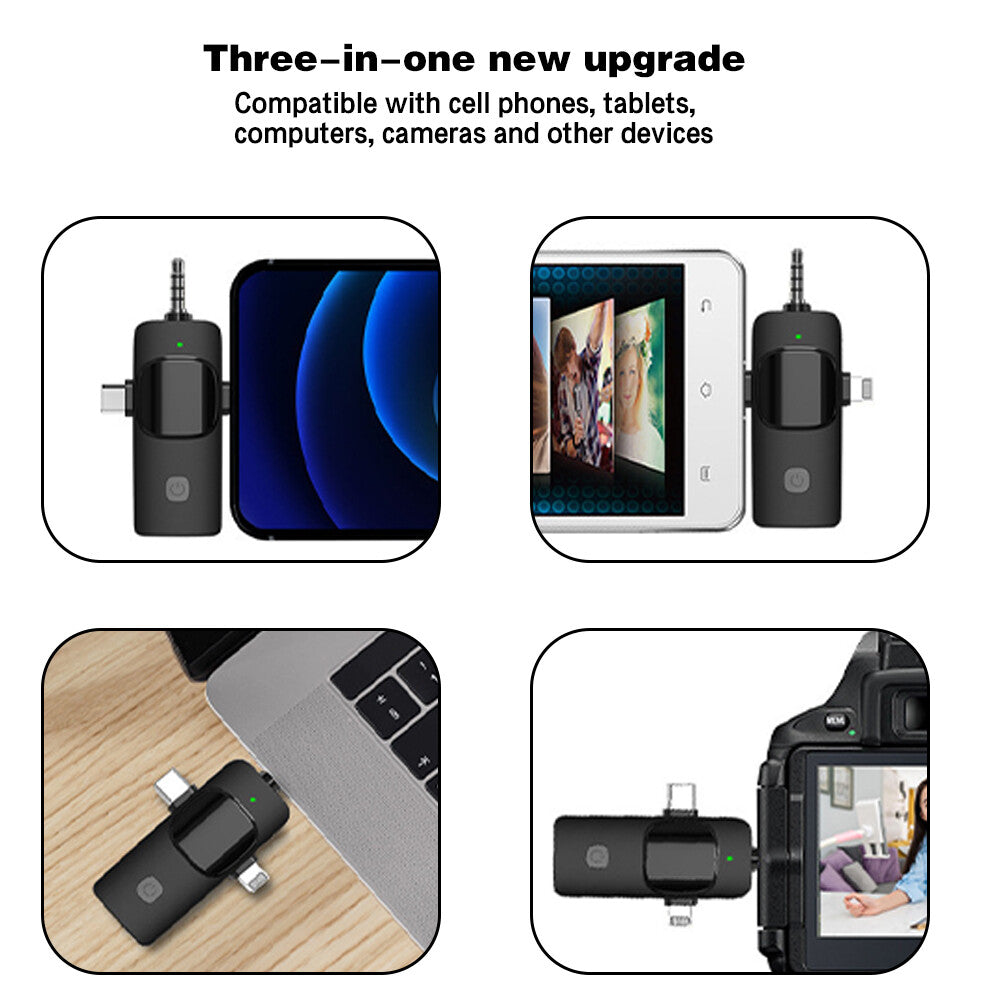 3-in-1 Wireless Lavalier Microphone for Audio and Video Recording on iPhone and Android Devices