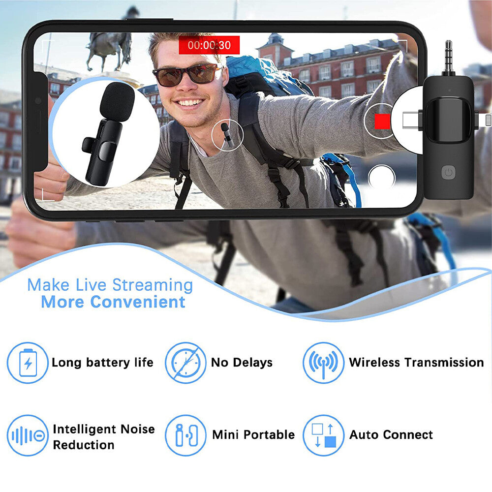 3-in-1 Wireless Lavalier Microphone for Audio and Video Recording on iPhone and Android Devices