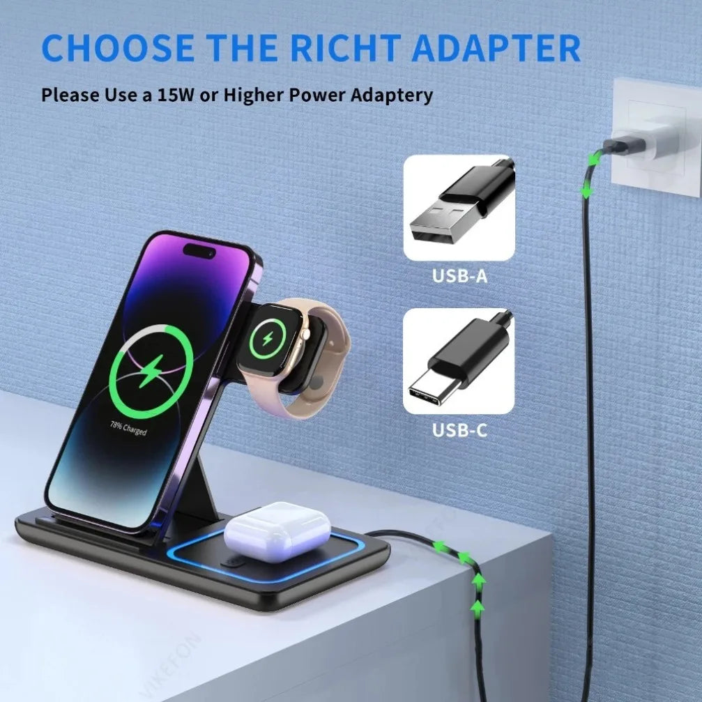 Foldable 3 in 1 Wireless Charging Station for Iphones, Iwatch and Ipods
